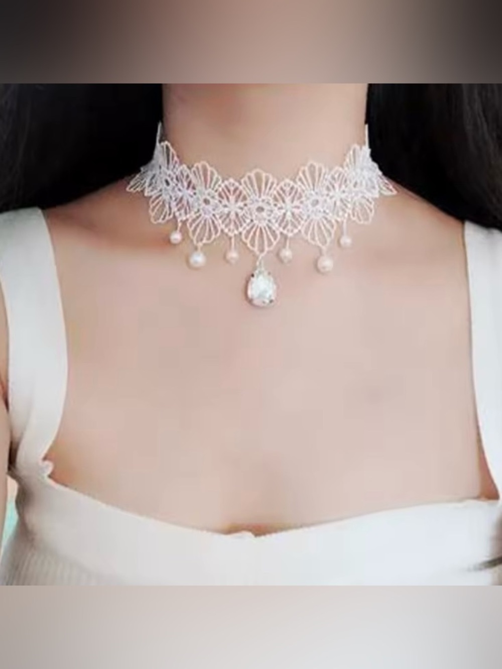 White Lace Pearl Drop Choker Necklace adjustable new with tag